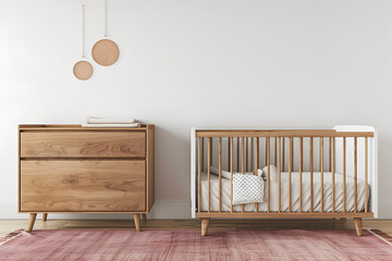 Interior of children's room with a wooden crib. 3d render