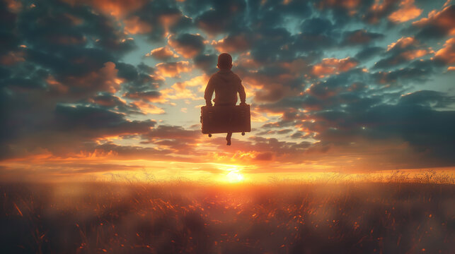 Kid flying in dreams of traveling, happy lovely child,mystic wonder and imagination magical, backdrop of a sunset, lifestyle, background, banner