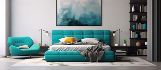 A detailed view of a bed featuring a vivid blue headboard coupled with a nearby chair for relaxing