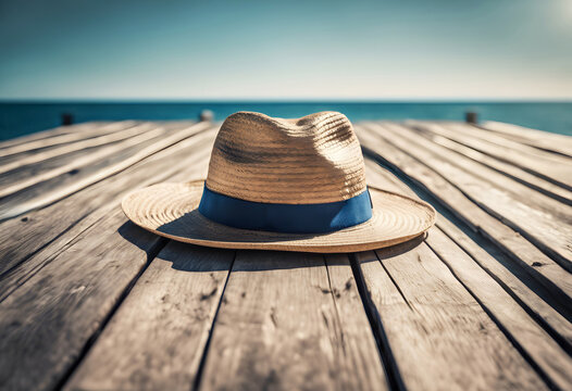 A sun hat on a wooden jetty with the sea and blue sky
