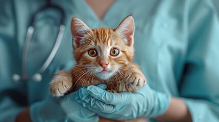 Close-up of a kitten in the hands of a veterinarian in uniform. In a veterinary clinic, blurred background. Pet health and care concept.