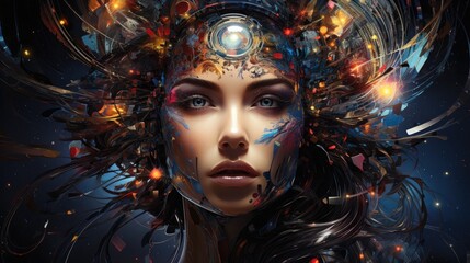 Enigmatic Cosmic Visage - Surreal Digital Portrait of a Mystical Feminine Figure Emanating Ethereal Energy
