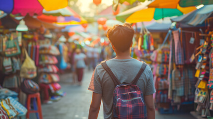 Young Asian man with a backpack exploring a vibrant traditional market street lined with colorful umbrellas and assorted local crafts, capturing the essence of cultural tourism