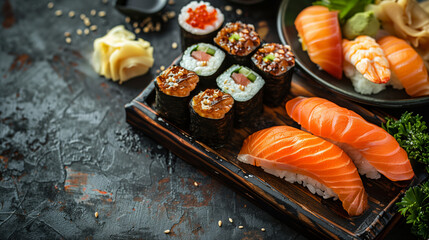 Assorted fresh sushi and sashimi selection with salmon and shrimp, garnished with wasabi and ginger, on a dark textured background, Japanese cuisine concept