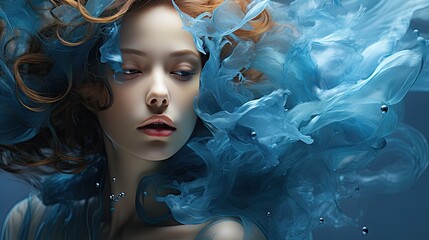 Alluring Aquatic Enchantment - Captivating Woman Enveloped in Mesmerizing Blue Fluid Illusion