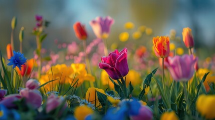 Beautiful blooming flowers at dawn in the spring morning