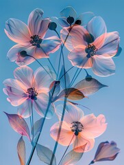 Transparent color flowers are set against a gradient blue background, beautifully illuminated by backlighting. 