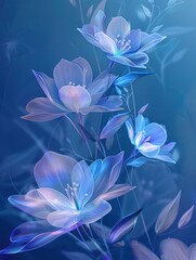 Fototapeta na wymiar Translucent color flowers are set against a gradient blue background, beautifully illuminated by backlighting. 