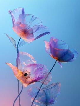 beautiful fantasy flowers, gradient blue background 