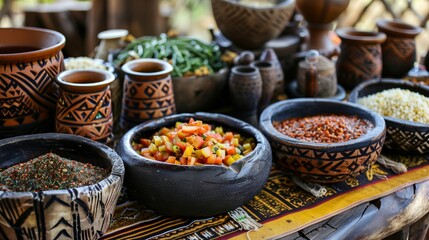 Traditional African cuisine setup with an assortment of dishes presented in handcrafted bowls on a colorful woven cloth, highlighting vibrant food culture