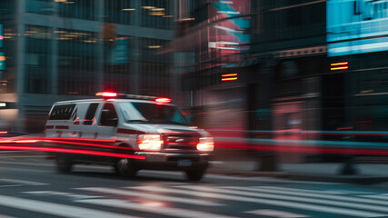 Ambulance car fast moving on city street. Ambulance van with flashing lights