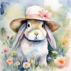 Watercolor bunny with floppy ears wearing an Easter bonnet in spring flowers - 766393316