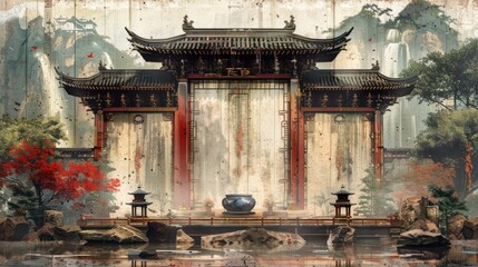 Classic Chinese aesthetic painting with rough texture featuring architectural art, gardens, and traditional culture - obrazy, fototapety, plakaty