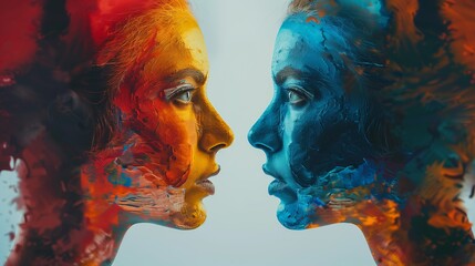 Two people with vibrant red and blue face paint in profile, representing artistic expression or cultural diversity, against a white background - obrazy, fototapety, plakaty