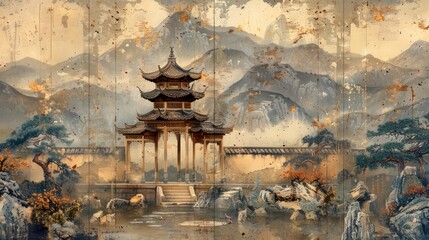 Architectural art, gardens, and traditional culture are highlighted in this classic Chinese aesthetic painting with rough texture