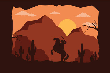 landscape silhouette of cowboy riding at horse background template simple concept vintage design