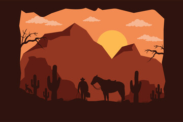 landscape silhouette of cowboy riding at horse background template simple concept vintage design