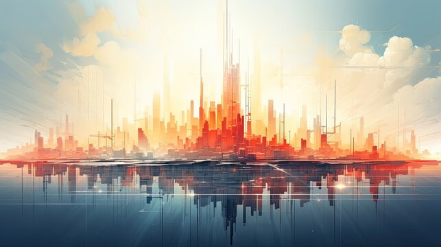 Futuristic Digital Cityscape of Surreal Architectural Utopia with Colorful Skyscrapers Reflecting in Calm Waters under Ethereal Sky