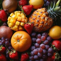 Close up of fruits. Berries with dew drops on them, strawberries, currants, blackberries, blueberries, apples, Grapes, raspberries kiwi, mango, lime pineapple.