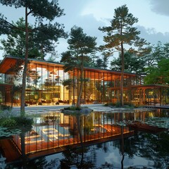 Fototapeta na wymiar image of a modern illuminated resort building with glass walls decorated spacious reception green trees with reflecting water in daylight 
