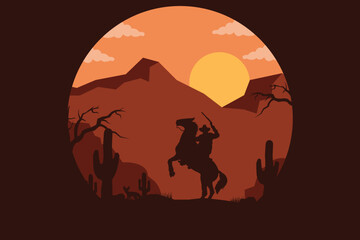 landscape silhouette of cowboy riding at horse background template simple concept vintage design