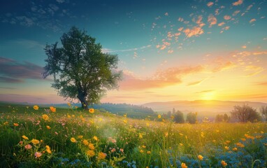 Serene blue hour landscape photography showcases shaded tree under a beautiful sky, captured during a tranquil morning in spring