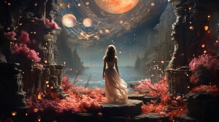 Enchanting Celestial Realm of Serene Feminine Beauty and Wonder - obrazy, fototapety, plakaty