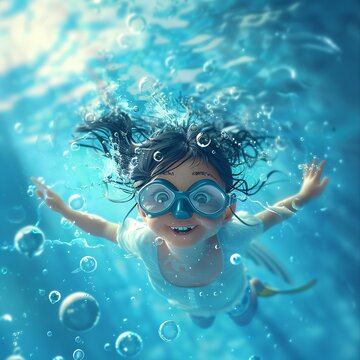 Depicting an underwater scene of a joyful young girl wearing goggles, happily diving into a vibrant blue pool surrounded by bubbles.