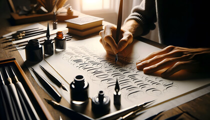 Artist's Hand, Gracefully Executing Calligraphy Or Hand Lettering On Quality Paper