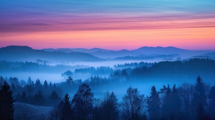Serene blue hour landscape photography captured during the tranquil morning of a spring day