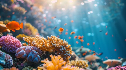Vibrant underwater coral reef scene with colorful corals and a school of orange fish, bathed in...