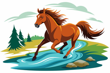 a mustang horse is running along the stream fu
