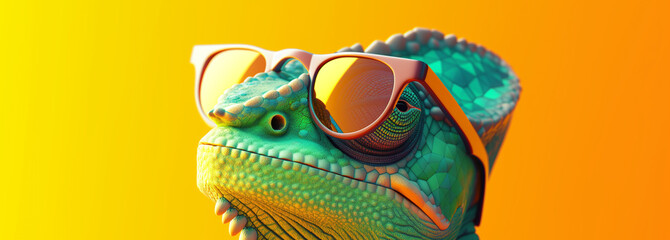 Chameleon wearing sunglasses against a solid background. - obrazy, fototapety, plakaty