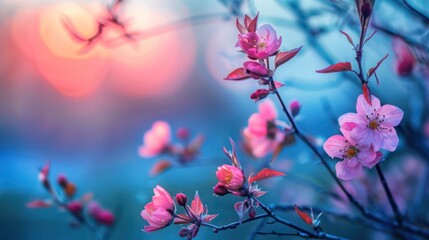 Tranquil blue hour landscape photography taken on a calm spring morning, cherry blossom blooming, colorful, soothing - obrazy, fototapety, plakaty