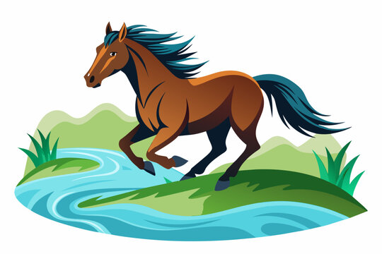 a mustang horse is running along the stream fu
