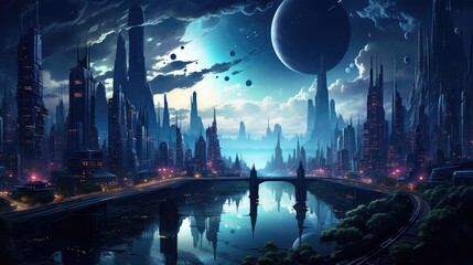 Neon-Drenched Futuristic Metropolis with Towering Spires and Glowing Celestial Anomalies Reflected in Tranquil Waters