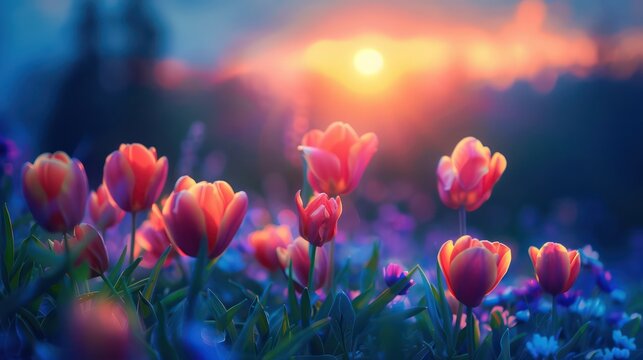 Serene blue hour landscape photography captured  tulips flower during the tranquil morning of a spring day