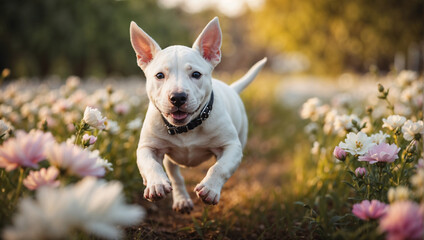 Adorable cachorro de la raza Bull Terrier Ingles corriendo feliz por un hermoso prado lleno de flores - obrazy, fototapety, plakaty