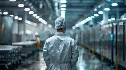 Professional in protective clothing oversees production at a modern food processing facility, emphasizing hygiene and industry standards - obrazy, fototapety, plakaty