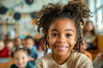 African American child in preschool, smiling girl in classroom, playful educational activities.