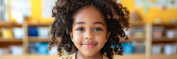 African American preschooler, happy girl in kindergarten, joyful classroom experience,banner
