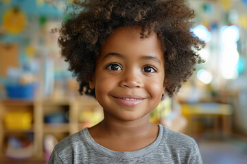 Afro-American girl in kindergarten, happy child in school setting, early childhood learning.