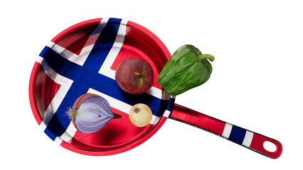 Norwegian Flag on Frying Pan with Fresh Produce Isolated on Black - 766395139