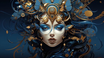 Opulent Futuristic Goddess with Ornate Headdress and Metallic Facial Adornments