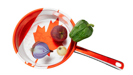 Canadian Flag on Skillet with Assorted Vegetables Over Black Background - 766395145