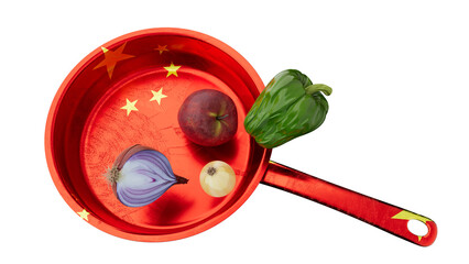 Chinese Flag Design on Red Frying Pan with Fresh Vegetables on Black - 766395146