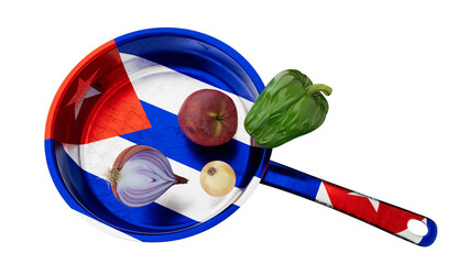 Cuban Flag on Cookware with Natural Vegetables on a Black Background - 766395148