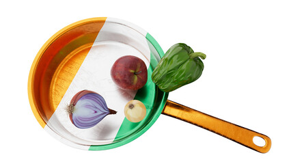 Irish Flag on Cooking Pan with Seasonal Vegetables Against Black - 766395149