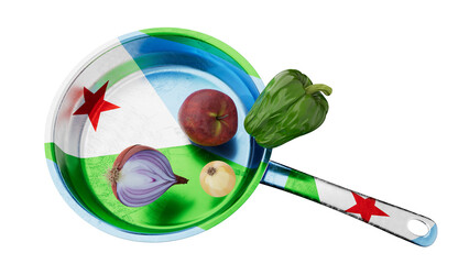 Djibouti Flag Motif on Frying Pan with Fresh Ingredients Against Black - 766395157