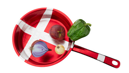 Danish Flag Depiction on Red Pan with Organic Vegetables, Dark Setting - 766395163